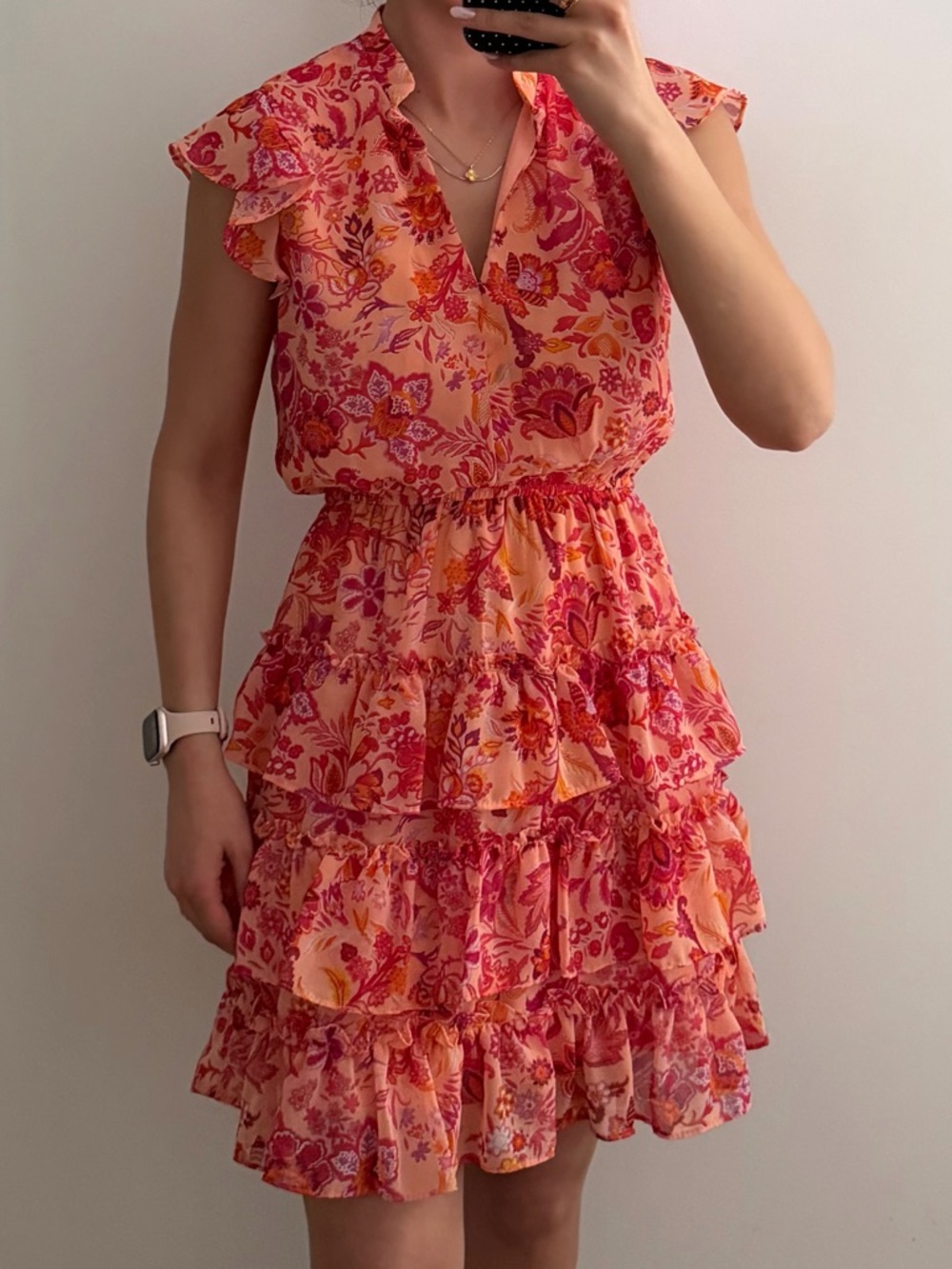 Floral Ruffle Tiered Sundress in Peach & Pink